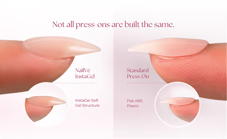 NailVē press-on with a thicker built tip next to a thin, flat, printed press-on from other brands